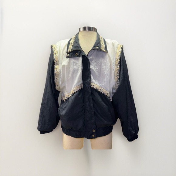 Lavon Vintage Black White Windbreaker Track Jacket XL Gold Embroidered Detail - Picture 1 of 9